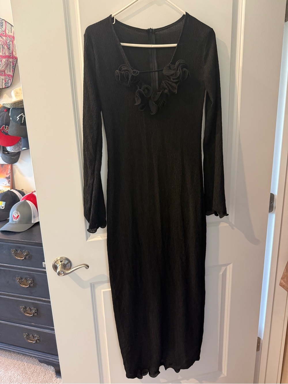 Elegant Black Long-Sleeve Ruffle-Accent Dress